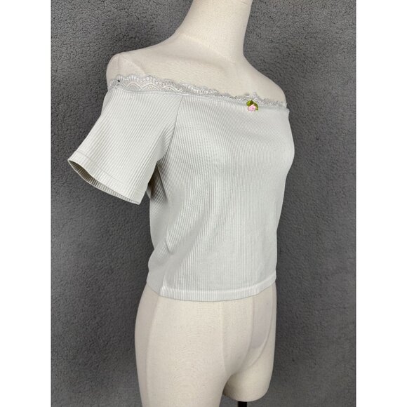 Planet Heart Juniors' Cropped Gray Off-Shoulder Ribbed Lace Trim Top Large NWT's - Picture 3 of 8